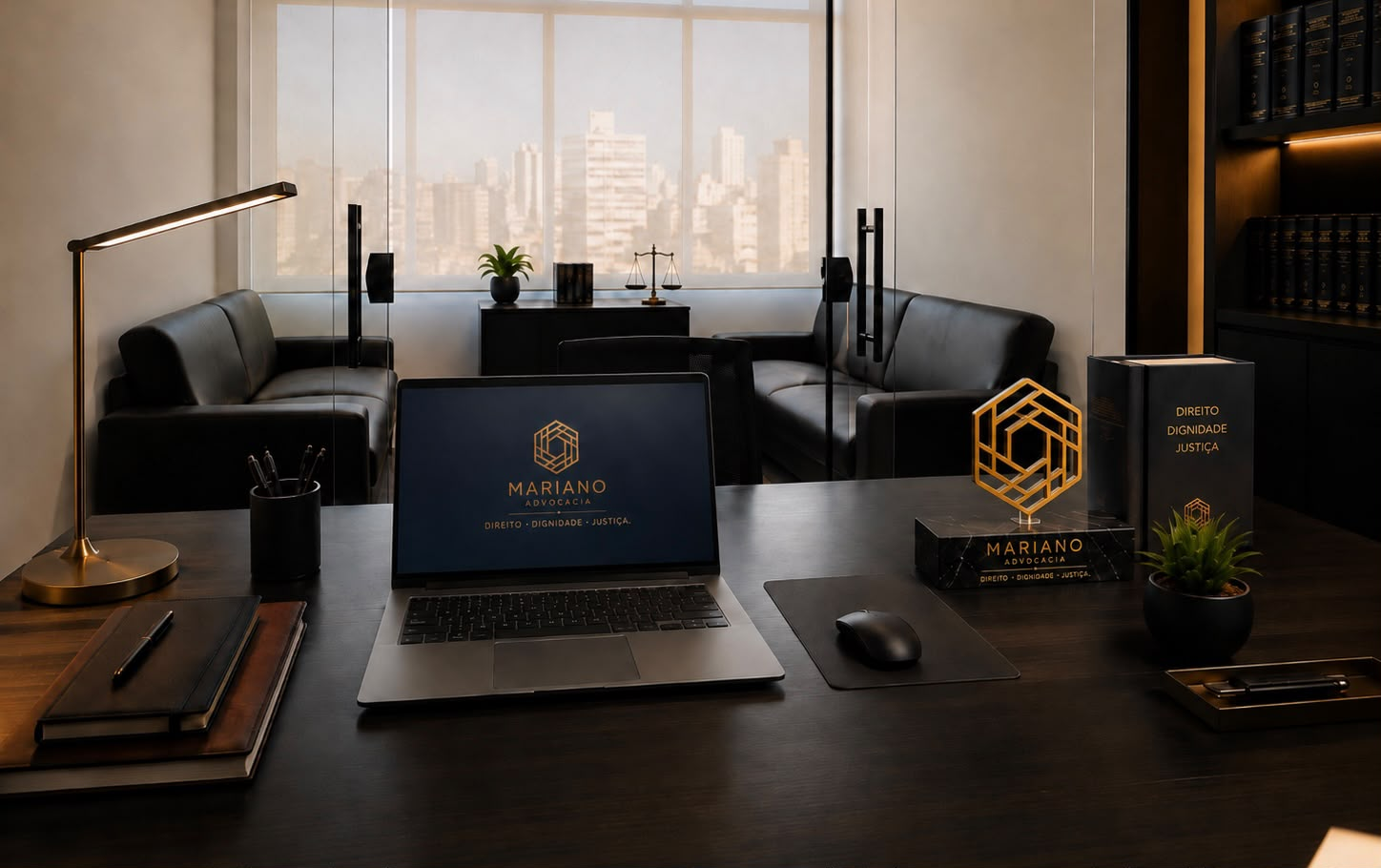 Mesa de madeira do escritório Mariano Advocacia com notebook exibindo a logo, poltronas ao fundo e janela ampla